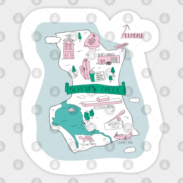 The Town of Schitt's Creek, hand drawn map of all of the town landmarks. Sticker by YourGoods